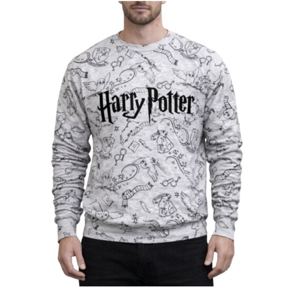 SHEIN X Harry Potter Men's White Heather All Over Doodle Print Sweatshirt Size M